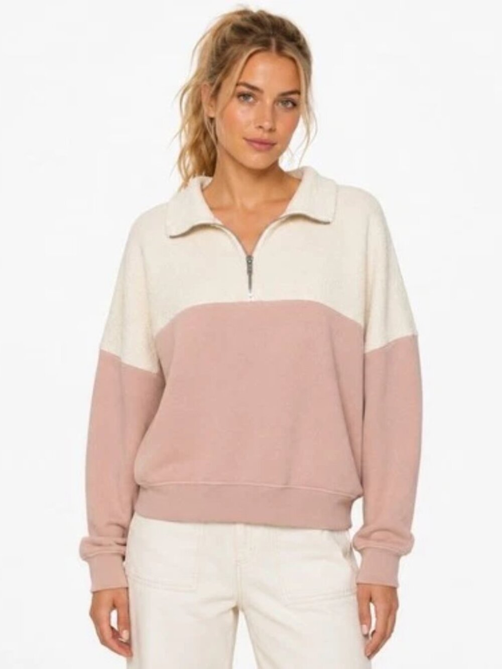 The Great. Fleece Half Zip Pullover Size 1 Pale Blush with Washed White